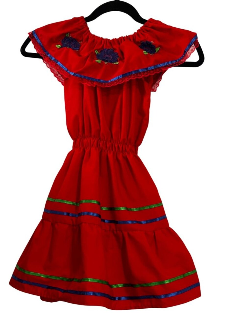 Traditional Mexican Girls Dress Red Floral Embroidered & Ribbon Accents Size 4-5